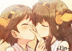Rule 34 | 10s, 2girls, bad id, bad pixiv id, bare shoulders, brown hair, closed eyes, covering own mouth, detached sleeves, engiyoshi, hairband, hiei (kancolle), imminent kiss, japanese clothes, kantai collection, kiss on hand, kissing hand, kongou (kancolle), long hair, multiple girls, object kiss, personification, short hair, tears, yuri