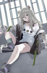 1girl :3 absurdres ahoge animal_ear_piercing animal_ears arm_on_knee art_mu black_choker black_footwear black_jacket black_shorts bra_strap choker closed_mouth double-parted_bangs grey_eyes grey_hair grey_sleeves grey_socks hair_between_eyes high_tops highres hololive hood hooded_jacket indoors jacket knee_up lion_ears lion_girl long_hair long_hair_between_eyes looking_at_viewer loose_clothes loose_shirt loose_socks messy_hair official_alternate_costume official_alternate_hairstyle open_mouth print_shirt raglan_sleeves shirt shishiro_botan shishiro_botan_(casual) shoes short_shorts shorts sidelocks single_off_shoulder single_sock sitting sneakers socks solo virtual_youtuber white_shirt