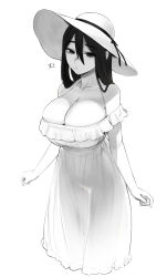 Rule 34 | 1girl, 2channel, absurdres, bare shoulders, black eyes, black hair, black ribbon, breasts, cleavage, closed mouth, collarbone, colored skin, commentary request, cropped legs, dress, hair between eyes, hasshaku-sama, hat, hat ribbon, highres, huge breasts, jdw, long dress, long hair, looking at viewer, off-shoulder dress, off shoulder, pout, ribbon, see-through silhouette, simple background, sleeveless, sleeveless dress, solo, spaghetti strap, straight hair, sun hat, sundress, white background, white dress, white hat, white skin, white theme
