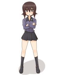 Rule 34 | 1girl, :o, absurdres, black footwear, black skirt, black socks, brown eyes, brown hair, commentary, crossed arms, dress shirt, full body, girls und panzer, grey shirt, highres, kuromorimine school uniform, light blush, loafers, long sleeves, looking at viewer, miniskirt, nishizumi maho, open mouth, pleated skirt, rico (rico-tei), school uniform, shadow, shirt, shoes, short hair, simple background, skirt, socks, solo, standing, white background, wing collar