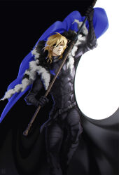 1boy arm_up armor armored_gloves armored_legwear belt black_armor black_belt black_fur black_gloves blonde_hair blue_cape blue_eyes breastplate cape commentary dimitri_alexandre_blaiddyd english_commentary eyepatch feet_out_of_frame fire_emblem fire_emblem:_three_houses fur-trimmed_cape fur_trim gauntlets gloves greaves holding holding_polearm holding_weapon long_hair male_focus nintendo one_eye_covered parted_lips polearm ruebird solo weapon white_fur