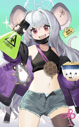 Rule 34 | 1girl, absurdres, animal ears, bag, barcode, bare shoulders, black nails, black thighhighs, blue archive, blush, bowl, breasts, character name, commentary, cowboy shot, crop top, cutoffs, denim, denim shorts, fang, flask, food, gradient background, grey hair, handbag, highres, holding, holding bowl, holding flask, jacket, jewelry, long hair, long sleeves, mask, mask pull, menthako, midriff, mouse ears, mouse girl, mouse tail, mouth mask, multiple rings, nail polish, navel, noodles, off shoulder, open clothes, open jacket, open mouth, panties, panty peek, purple jacket, red eyes, ring, saya (blue archive), short eyebrows, shorts, single thighhigh, small breasts, solo, sparkle, striped clothes, striped panties, symbol-only commentary, tail, tank top, thick eyebrows, thighhighs, underwear, weibo watermark