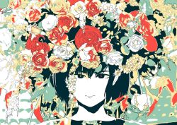 Rule 34 | 1girl, black eyes, black hair, flower, hironoshousei, leaf, limited palette, looking at viewer, no nose, original, plant, portrait, red flower, short hair, solo, too many, white flower, yellow flower
