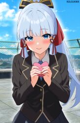Rule 34 | 1girl, ayaka (genshin impact), black jacket, blue eyes, blue necktie, blue sky, blush, box, closed mouth, day, fence, floating hair, genshin impact, hair ribbon, heart-shaped box, highres, holding, jacket, kulo jawa, long hair, long sleeves, looking at viewer, necktie, outdoors, pleated skirt, red ribbon, ribbon, rooftop, school uniform, skirt, sky, smile, solo, standing, valentine, white hair
