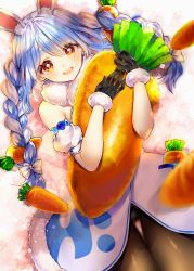 Rule 34 | 1girl, :d, animal ear fluff, animal ears, black gloves, black leotard, blue hair, blush, bow, braid, brown pantyhose, carrot hair ornament, commentary request, detached sleeves, don-chan (usada pekora), dress, food-themed hair ornament, fur-trimmed gloves, fur trim, gloves, gluteal fold, hair between eyes, hair bow, hair ornament, highres, hololive, hugging object, leotard, looking at viewer, lying, maria (maria0304), multicolored hair, on back, open mouth, pantyhose, puffy short sleeves, puffy sleeves, rabbit ears, red eyes, short sleeves, smile, strapless, strapless dress, thigh gap, twin braids, twintails, two-tone hair, usada pekora, usada pekora (1st costume), virtual youtuber, white bow, white dress, white hair, white sleeves