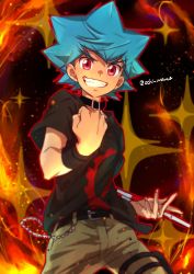 Rule 34 | 1boy, black shirt, blue hair, cargo pants, casual, chain, choker, clenched hand, duel disk, fire, forked eyebrows, grin, kamijou tatsuhisa, male focus, ochi marco, pants, red eyes, shirt, smile, solo, spiked hair, t-shirt, twitter username, yu-gi-oh!, yu-gi-oh! sevens