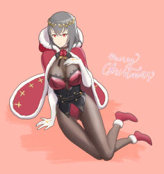 Rule 34 | 1girl, azur lane, black corset, breasts, cape, corset, cross, elbow gloves, flower, full body, fur-trimmed cape, fur trim, gloves, grey hair, hair between eyes, highleg, highleg leotard, highres, large breasts, laurel crown, leotard, looking at viewer, merry christmas, pantyhose, pink background, red cape, red eyes, red flower, red footwear, red leotard, saint-louis (azur lane), shaobao (sdhx3728), simple background, solo, strapless, strapless leotard, unitard, white gloves