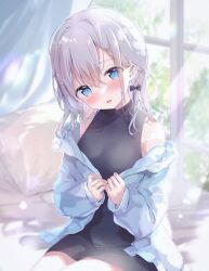 Rule 34 | 1girl, :d, amedamacon, bare shoulders, bed sheet, black bow, black dress, blue eyes, blue jacket, bow, braid, breasts, commentary request, curtains, day, dress, grey hair, hair between eyes, hair bow, hands up, head tilt, highres, indoors, jacket, long hair, long sleeves, looking at viewer, medium breasts, off shoulder, open clothes, open jacket, open mouth, original, pillow, puffy long sleeves, puffy sleeves, sitting, sleeveless, sleeveless dress, sleeves past wrists, smile, solo, sunlight, window