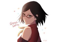 Rule 34 | 1girl, black eyes, black hair, boruto: naruto next generations, cewyn, character name, commentary request, from side, glasses, heart, highres, looking at viewer, naruto (series), portrait, red-framed eyewear, signature, solo, uchiha sarada