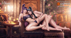 Rule 34 | 2girls, artist name, barefoot, bikini, black hair, blue eyes, book, bookshelf, bra, breasts, candle, chandelier, commission, curvy, deviantart username, eyelashes, feet, food, full body, garden, hand on another&#039;s thigh, jewelry, kneeling, large breasts, lipstick, living room, makeup, mikamipinup, multiple girls, nail polish, navel, original, panties, patreon username, pointy ears, ponytail, purple hair, sitting, spread legs, swimsuit, table, thick thighs, thighs, tiara, underwear, yuri