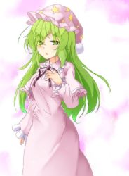 Rule 34 | 1girl, aka tawashi, black ribbon, blush, breasts, capelet, commentary request, crescent print, dress, eyes visible through hair, feet out of frame, frilled capelet, frilled shirt collar, frills, green eyes, green hair, hand on own chest, hand up, hat, highres, kazami yuuka, kazami yuuka (pc-98), long hair, long sleeves, looking at viewer, medium breasts, multicolored background, neck ribbon, nightcap, nightgown, one-hour drawing challenge, parted lips, pink background, pink capelet, pink dress, pink hat, ribbon, solo, sparkle, standing, star (symbol), star print, touhou, touhou (pc-98), white background, wide sleeves