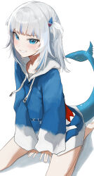 Rule 34 | 1girl, absurdres, animal hood, barefoot, between legs, blue eyes, blue hair, blue hoodie, blunt bangs, blush, choppy bangs, commentary, fins, fish tail, full body, gawr gura, gawr gura (1st costume), grey hair, grin, hair ornament, hand between legs, highres, hololive, hololive english, hood, hood down, hoodie, long hair, long sleeves, looking at viewer, matttttya1, multicolored hair, no pants, seiza, shadow, shark hair ornament, shark hood, shark tail, simple background, sitting, sleeves past wrists, smile, solo, streaked hair, tail, two side up, v arms, virtual youtuber, white background, wide sleeves