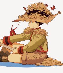 Rule 34 | 1boy, black hair, boots, brown theme, bug, butterfly, child, derivative work, expressionless, fishing, fishing rod, from side, full body, gon freecss, highres, holding, holding fishing rod, hunter x hunter, insect, leaf hat, long sleeves, looking ahead, male focus, qn ui3, rabbit, shirt, sitting, solo