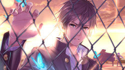 Rule 34 | 1boy, 1girl, blurry, brown eyes, brown hair, bug, butterfly, chain-link fence, depth of field, fence, gakuran, gensou satisfaction (vocaloid), grand piano, hatsune miku, bug, instrument, lens flare, looking at viewer, nidy, original, piano, school uniform, twilight, vocaloid