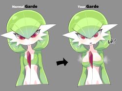 Rule 34 | 1girl, arms at sides, arrow (symbol), blush, bob cut, breasts, character name, closed mouth, colored skin, constricted pupils, creatures (company), cropped torso, ddingyong, english text, expressionless, female focus, game freak, gardevoir, gen 3 pokemon, green hair, green skin, grey background, hair between eyes, highres, looking at viewer, medium breasts, multicolored skin, multiple views, nintendo, open mouth, pokemon, pokemon (creature), red eyes, short hair, simple background, standing, steam, steaming body, sweat, talking, two-tone skin, upper body, white skin