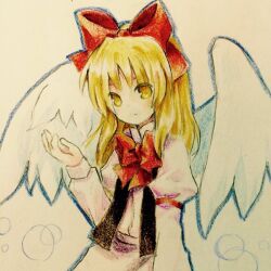 Rule 34 | 1girl, black vest, blonde hair, blue outline, closed mouth, colored pencil (medium), commentary, cowboy shot, flat chest, gengetsu (touhou), hair ribbon, juliet sleeves, kaigen 1025, long hair, long sleeves, neck ribbon, open clothes, open vest, outline, puffy sleeves, red ribbon, ribbon, shirt, simple background, skirt, solo, touhou, touhou (pc-98), traditional media, vest, white background, white shirt, white skirt, white wings, wings, yellow eyes