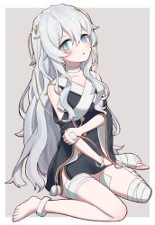 Rule 34 | 1girl, bandaged foot, bandaged leg, bandaged neck, bandages, bare shoulders, barefoot, blue eyes, blush, clothing cutout, collarbone, commentary request, full body, girls&#039; frontline, grey background, grey hair, intravenous drip, kawara pigeon, long hair, looking at viewer, parted lips, ribeyrolles (girls&#039; frontline), shoulder cutout, sitting, solo, two-tone background, wariza, wavy hair, white background, wristband