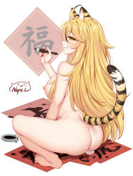 Rule 34 | 1girl, absurdres, ahoge, animal ear fluff, animal ears, ass, barefoot, blonde hair, blush, breasts, calligraphy brush, chinese commentary, commentary request, completely nude, feet, female focus, from behind, full body, highres, huge filesize, ink stain, large breasts, licking lips, long hair, looking at viewer, mole, mole on ass, nail polish, neps-l, new year, nipples, nude, original, paintbrush, pussy juice, red nails, sideboob, solo, squatting, tail, tiger ears, tiger girl, tiger tail, toenail polish, toenails, toes, tongue, tongue out, very long hair, yellow eyes
