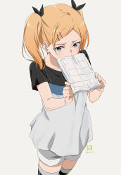 Rule 34 | 1girl, black eyes, black shirt, black thighhighs, blonde hair, book, commentary request, covering own mouth, cowboy shot, dress, from above, grey dress, grey shorts, hair ornament, hairclip, highres, long hair, miyahara takuya, mole, mole under eye, shirobako, shirt, short twintails, shorts, solo, standing, thighhighs, twintails, yano erika