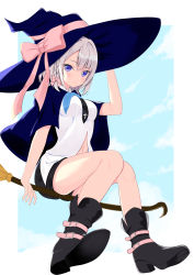 Rule 34 | 1girl, absurdres, bare legs, black footwear, black necktie, black shorts, blue eyes, blue sky, blush, boots, bow, braid, breasts, broom, broom riding, capelet, cloud, collared shirt, commentary request, day, floating, full body, hair between eyes, hair bow, hand on headwear, hat, hat bow, highres, karmq, medium breasts, navel, necktie, original, partially unbuttoned, pink bow, purple capelet, purple hat, shirt, short hair, short shorts, shorts, side braid, sidelocks, silver hair, sitting, sky, smile, solo, white shirt, witch, witch hat