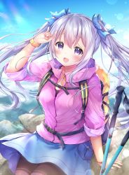 Rule 34 | 1girl, :d, absurdres, aoba chise, aoba project, arm support, arm up, backpack, bag, black shirt, blue skirt, blue sky, breasts, brown legwear, cane, cleavage, cloud, collarbone, commentary request, denim, denim skirt, hair ribbon, highres, hiking pole, jacket, light particles, looking at viewer, medium breasts, mountaintop, open mouth, pink jacket, purple eyes, purple hair, ribbon, rock, sakura moyon, shirt, skirt, sky, sleeves rolled up, smile, solo, sunlight, twintails, watch, wristband, wristwatch