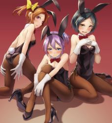 Rule 34 | 10s, 3girls, alternate costume, animal ears, ass, bare shoulders, black hair, black legwear, blue eyes, blush, bow, bowtie, breasts, brown hair, cleavage, detached collar, embarrassed, fake animal ears, gloves, gradient background, hair ornament, hair ribbon, hairclip, hands on own chest, high heels, highres, jpeg artifacts, kagerou (kancolle), kantai collection, kurione (zassou), kuroshio (kancolle), leotard, long hair, multiple girls, open mouth, pantyhose, pink hair, playboy bunny, ponytail, rabbit ears, rabbit tail, ribbon, shiranui (kancolle), short hair, sitting, small breasts, sweatdrop, tail, twintails, wariza