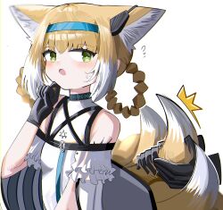 Rule 34 | 1girl, 1other, :o, ^^^, absurdres, animal ear fluff, animal ears, arknights, bare shoulders, black gloves, blonde hair, blue hairband, blush, braid, breasts, disembodied hand, doctor (arknights), flying sweatdrops, fox ears, fox girl, fox tail, gloves, green eyes, hair rings, hairband, hand up, highres, kitsune, open mouth, shirt, simple background, small breasts, solo focus, spam (spamham4506), suzuran (arknights), sweat, tail, tail grab, twin braids, white background, white shirt
