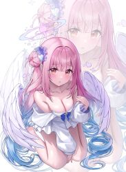 Rule 34 | 1girl, angel wings, blue archive, blush, breasts, cleavage, feathered wings, frilled ribbon, frills, hair bun, hair ornament, halo, highres, iro (iro 252 ), large breasts, long hair, looking at viewer, low wings, mika (blue archive), multiple views, pink hair, pink halo, ribbon, single side bun, white wings, wing ornament, wings, yellow eyes, zoom layer