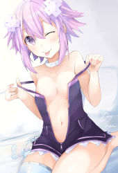 Rule 34 | 1girl, ;), absurdres, bare legs, bare shoulders, bimmy, blush, breasts, choker, cleavage, clothes pull, d-pad, d-pad hair ornament, dress pull, hair between eyes, hair ornament, hands up, highres, kami jigen game neptune v, looking at viewer, midriff, navel, neptune (neptunia), neptune (series), no bra, one eye closed, pulling own clothes, purple eyes, purple hair, short hair, single thighhigh, sitting, small breasts, smile, solo, striped clothes, striped thighhighs, teasing, thighhighs, thighs, tongue, tongue out, topless, white choker