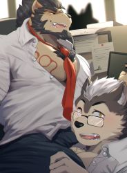 Rule 34 | 2boys, absurdres, alca (wakatanka4), animal ears, bara, beard, black hair, blush, bulge, commission, dog boy, dog ears, extra ears, facial hair, fangs, formal, furry, furry male, furry with furry, glasses, gyee, highres, imminent fellatio, large pectorals, lion boy, lion ears, lion tail, male focus, male pubic hair, mature male, multiple boys, muscular, muscular male, original, pectoral cleavage, pectorals, pubic hair, salaryman, short hair, sora png, tail, thick eyebrows, thick thighs, thighs, yaoi