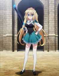 Rule 34 | 10s, 1girl, absolute duo, aqua eyes, black footwear, blonde hair, blue eyes, breasts, dress, frilled dress, frills, gun, hand on own hip, high heels, large breasts, lilith bristol, long hair, looking at viewer, outdoors, pleated skirt, rifle, school uniform, screencap, shadow, shoes, short dress, skirt, solo, standing, thighhighs, weapon, white thighhighs, zettai ryouiki