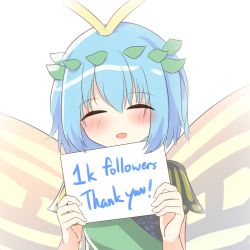Rule 34 | 1girl, antennae, aqua hair, blush, butterfly wings, closed eyes, dress, eternity larva, fairy, green dress, hair between eyes, highres, insect wings, leaf, leaf on head, multicolored clothes, multicolored dress, open mouth, short hair, short sleeves, simple background, smile, solo, touhou, upper body, white background, wings, yu cha