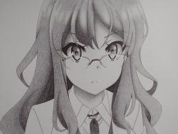 Rule 34 | 1girl, absurdres, closed mouth, collared shirt, futaba rio, glasses, graphite (medium), greyscale, highres, lab coat, long hair, looking at viewer, monochrome, necktie, seishun buta yarou, shirt, solo, thundradrawings, traditional media, upper body