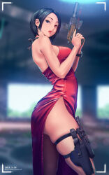 Rule 34 | 1girl, a.x., absurdres, ada wong, ass, blue eyes, breasts, commentary request, dated, dress, from side, gun, hair behind ear, heterochromia, highres, holding, holding gun, holding weapon, holster, holstered, laser sight, medium breasts, parted lips, red dress, red eyes, resident evil, short hair, skindentation, solo, thigh holster, thigh strap, trigger discipline, viewfinder, weapon
