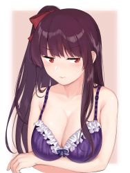 Rule 34 | 1girl, arms under breasts, bare shoulders, blush, bra, breasts, cleavage, closed mouth, collarbone, commentary, girls&#039; frontline, hair ribbon, half updo, highres, large breasts, long hair, looking at viewer, momoiro lettuce, one side up, outside border, purple bra, purple hair, red eyes, red ribbon, ribbon, ribbon-trimmed bra, simple background, solo, sweatdrop, tsurime, underwear, upper body, very long hair, wa2000 (girls&#039; frontline)