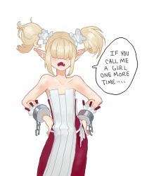Rule 34 | 1boy, bare shoulders, blonde hair, blush, chain, collarbone, disgaea, dress, english text, fang, hair over eyes, hands on own hips, male healer (disgaea), open mouth, pointy ears, simple background, sleeveless, sleeveless dress, strapless, strapless dress, trap, twintails, white background