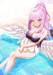 Rule 34 | 1girl, absurdres, angel wings, beach, blue archive, blue one-piece swimsuit, blush, breasts, cleavage, collarbone, commentary, crescent, english commentary, feathered wings, gradient hair, halo, high ponytail, highres, large breasts, legs, linear 71, long hair, looking at viewer, low wings, mika (blue archive), multicolored hair, one-piece swimsuit, pink hair, pink halo, sitting, smile, solo, swimsuit, thighs, very long hair, water, white wings, wing ornament, wings, yellow eyes