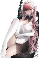 Rule 34 | apron, black dress, blush, breasts, chair, cleavage, commentary request, detached collar, detached sleeves, dress, elbow gloves, frills, gloves, haori io, highres, knee up, large breasts, long hair, looking at viewer, maid headdress, one side up, original, parted lips, puffy short sleeves, puffy sleeves, purple eyes, red hair, short sleeves, signature, simple background, sitting, solo, thighhighs pull, very long hair, white apron, white background, white gloves, white legwear