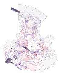 Rule 34 | 1girl, animal ears, black footwear, blood, blood on face, bloody knife, cat ears, cat girl, cat tail, collared shirt, dress, extra ears, full body, highres, holding, holding stuffed toy, indie virtual youtuber, knife, knife in head, long hair, long sleeves, looking at viewer, mashiro sekai, neck ribbon, object through head, outo eguchi, parted lips, pinafore dress, pink dress, purple eyes, purple ribbon, ribbon, second-party source, shirt, shoes, simple background, sitting, sleeveless dress, socks, solo, stuffed animal, stuffed rabbit, stuffed toy, tail, tail ornament, tail ribbon, very long hair, virtual youtuber, wariza, white background, white hair, white socks