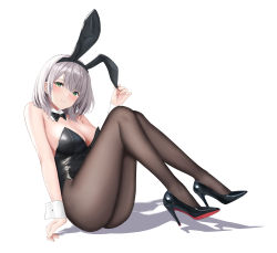 Rule 34 | 1girl, abab xiaxia, absurdres, animal ears, ass, black footwear, black leotard, black pantyhose, blush, bow, bowtie, breasts, cleavage, commentary, detached collar, fake animal ears, full body, green eyes, hand on headwear, high heels, highres, hololive, knees up, large breasts, legs, leotard, pantyhose, parted lips, patent heels, playboy bunny, pumps, rabbit ears, shadow, shirogane noel, shoes, sitting, solo, stiletto heels, symbol-only commentary, virtual youtuber, white hair, wrist cuffs