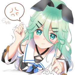 Rule 34 | 1girl, anger vein, aqua eyes, aqua hair, artist name, black skirt, black thighhighs, blue neckerchief, blush, breasts, chou2, clothes grab, collarbone, commentary request, from above, hair between eyes, hair ornament, hairclip, jewelry, kantai collection, long hair, looking at viewer, looking up, medium breasts, neckerchief, open mouth, pleated skirt, pout, pov, ring, school uniform, serafuku, simple background, skirt, solo, spoken anger vein, tears, thighhighs, trembling, twitter username, wavy mouth, wedding band, white background, yamakaze (kancolle), zettai ryouiki