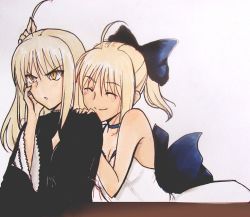 Rule 34 | 2girls, ahoge, artoria pendragon (all), artoria pendragon (fate), bare shoulders, blonde hair, bow, breasts, capcom, choker, cleavage, closed eyes, dress, dual persona, fate/stay night, fate/unlimited codes, fate (series), gothic lolita, hair bow, hair down, hug, hug from behind, lolita fashion, long hair, medium breasts, multiple girls, official alternate costume, playing with another&#039;s hair, playing with hair, ponytail, saber (fate), saber (pure night dress) (fate), saber alter, saber lily, smile, tusia, white dress, yellow eyes