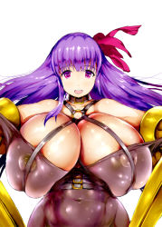 Rule 34 | 1girl, bare shoulders, belt, blush, bodysuit, bow, breasts, choker, cleavage, covered erect nipples, curvy, eyelashes, fate/extra, fate/extra ccc, fate/grand order, fate (series), female focus, gigantic breasts, highres, long hair, looking at viewer, mozu-k, open mouth, passionlip (fate), purple eyes, purple hair, shiny skin, solo, standing, wide hips