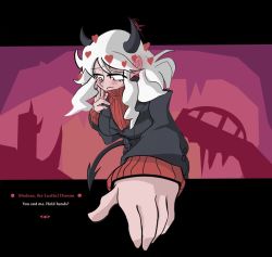 Rule 34 | 1girl, bad id, bad twitter id, black horns, black jacket, black suit, blush, breasts, business suit, closed mouth, curly hair, demon girl, demon horns, demon tail, english text, fake screenshot, formal, gashifss, heart, heart-shaped pupils, helltaker, horns, jacket, large breasts, letterboxed, long sleeves, looking down, looking to the side, medium hair, modeus (helltaker), monster girl, official style, red eyes, red sweater, ribbed shirt, shirt, short hair, sleeves past wrists, solo, standing, suit, sweater, symbol-shaped pupils, tail, turtleneck, white hair