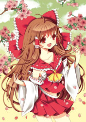 Rule 34 | 1girl, ahoge, ascot, bad id, bad pixiv id, bow, breasts, brown hair, cherry blossoms, cloud, detached sleeves, gradient background, hair bow, hair tubes, hakurei reimu, hand up, long hair, looking at viewer, open mouth, petals, red eyes, ribbon-trimmed sleeves, ribbon trim, rimei, sarashi, sidelocks, skirt, skirt set, solo, touhou, very long hair