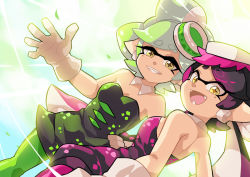 Rule 34 | + +, 2girls, black dress, black hair, black jumpsuit, brown eyes, callie (splatoon), cousins, detached collar, dress, dutch angle, english text, fangs, food, food on head, from behind, gomipomi, green legwear, grey hair, grin, inkling, jumpsuit, long hair, looking at viewer, looking back, marie (splatoon), mole, mole under eye, multiple girls, nintendo, object on head, one eye closed, open mouth, pantyhose, pointy ears, reaching, short dress, short hair, short jumpsuit, smile, splatoon (series), splatoon 1, standing, strapless, strapless dress, sushi, tentacle hair, white background