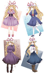 Rule 34 | 1girl, ^ ^, alternate costume, alternate hairstyle, arms behind back, bad id, bad pixiv id, blonde hair, blouse, blue dress, blush, boots, breasts, closed eyes, clothes lift, contemporary, corset, cross-laced footwear, curtsey, dress, dress lift, closed eyes, female focus, hair ribbon, hammer (sunset beach), hat, highres, impossible clothes, impossible dress, large breasts, long hair, lying, mary janes, on back, open mouth, pantyhose, ponytail, purple dress, purple eyes, ribbon, scarf, seasons, shirt, shoes, sidelocks, skirt hold, smile, touhou, turtleneck, very long hair, yakumo yukari