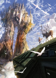Rule 34 | 1girl, absurdres, animal, antlers, bird, black shirt, black thighhighs, blonde hair, blue sky, building, cape, castle, cloud, cloudy sky, commentary request, day, derivative work, facing away, fantasy, floating hair, flock, highres, horns, long hair, original, outdoors, red scarf, red skirt, reins, saddle, scarf, scenery, shirt, short sleeves, skirt, sky, solo, taka (takahirokun), thighhighs, wide shot