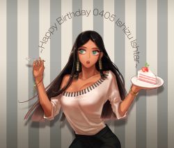 Rule 34 | 1girl, bare shoulders, black hair, breasts, cake, casual, character name, cleavage, collarbone, contemporary, dark-skinned female, dark skin, food, green eyes, hair tubes, happy birthday, ishizu ishtar, large breasts, lips, lipstick, long hair, makeup, off-shoulder, off-shoulder sweater, off shoulder, open mouth, parted bangs, pey (peysssis), solo, spoon, sweater, yu-gi-oh!, yu-gi-oh! duel monsters