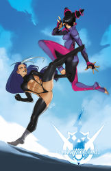 Rule 34 | 2girls, ass, ayane anno, biker clothes, bikesuit, black hair, black lips, blue eyes, blue hair, blue sky, bodysuit, breasts, clenched hand, commission, crossover, day, dust cloud, eyepatch, fighting, fingerless gloves, full body, gloves, gold digger, han juri, high collar, high kick, highres, jumping, kicking, large breasts, lipstick, makeup, medium breasts, metalhanzo, motion blur, multiple girls, nail polish, one eye covered, padded gloves, purple eyes, revealing clothes, scar, scar across eye, scar on face, short twintails, silver hair, sky, street fighter, street fighter v, suspenders, thong, toeless legwear, toenail polish, toenails, toes, twintails, underboob, watermark